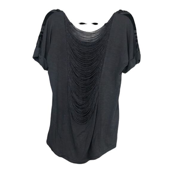 Buffalo David Bitton Grey HIRAKU Open Back Fringe Beaded T-Shirt Size Medium M - Picture 3 of 8
